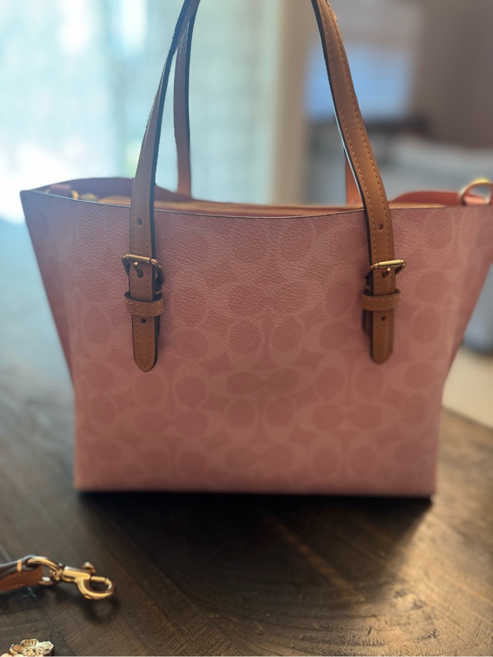 Coach Pink Logo Tote with Brown Leather Trim and Card Case - Picture 7 of 8